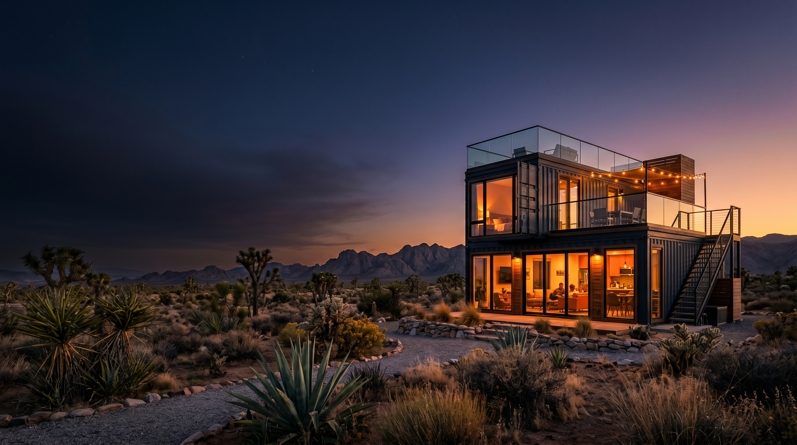 Modern shipping container home exterior at dusk